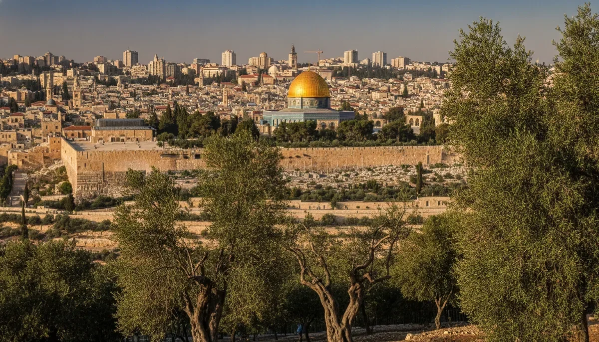 נוף פנורמי של העיר העתיקה בירושלים בשקיעה