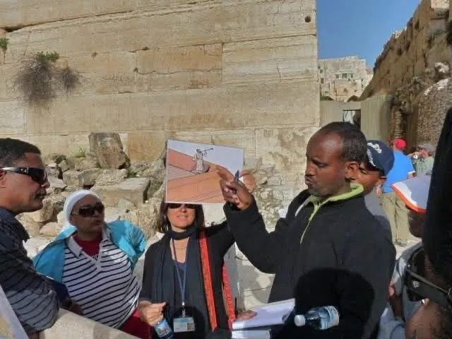 רחל מדריכה קבוצה לצד אבני הכותל הגדולות; אחד המשתתפים מצביע על איור של המקום כפי שנראה בעבר.