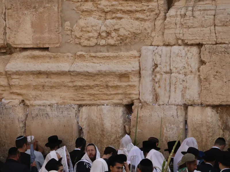 אבני הכותל המערבי הגדולות, ולמרגלותיהן מתפללים עטופי טליתות וחובשי כובעים שחורים.