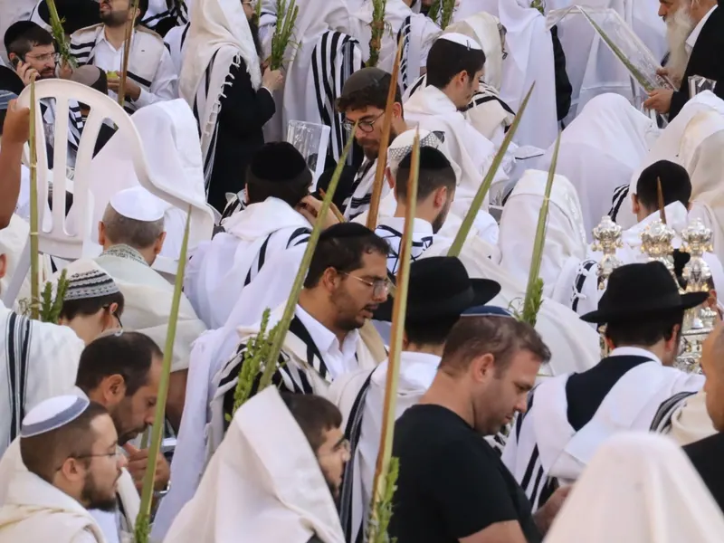 מתפללים עטופי טליתות אוחזים בלולבים ובהדסים בכותל המערבי בחג הסוכות.