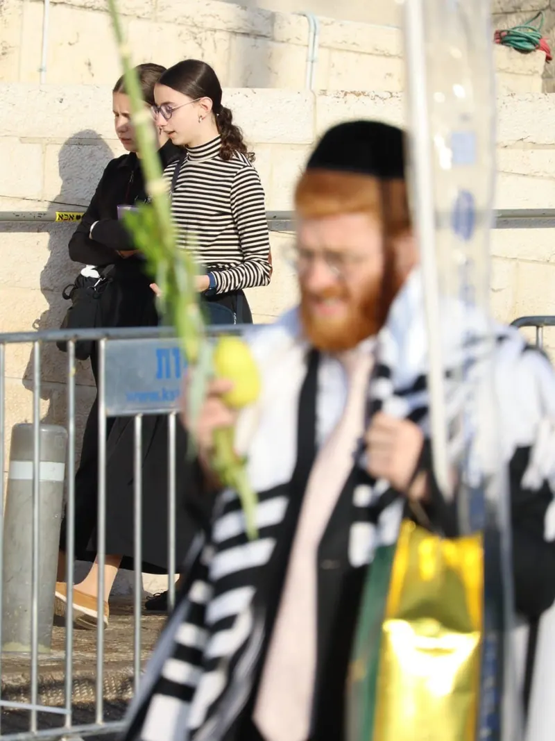 גבר עטוף טלית אוחז לולב ואתרוג בחזית, ומאחוריו שתי נערות צועדות לאורך מחסום ליד קיר אבן.