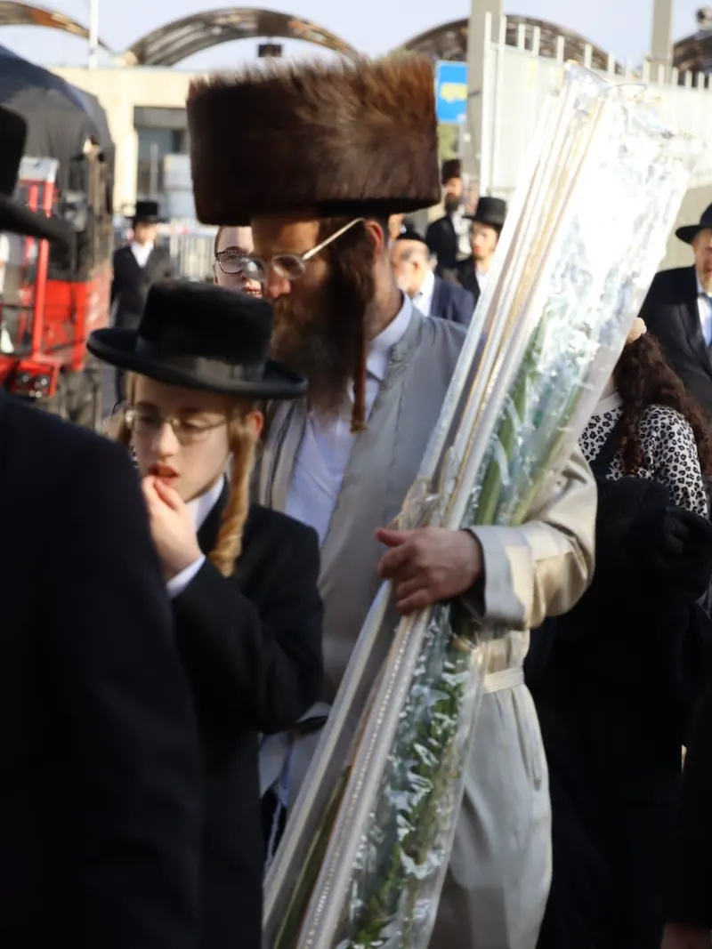 חסיד בשטריימל נושא לולב עטוף בניילון, לצדו ילד עם פאות וכובע שחור, בתוך קהל.