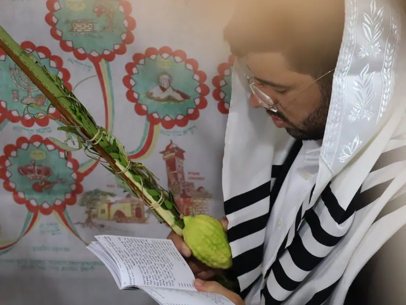 גבר במשקפיים עטוף טלית אוחז לולב ואתרוג וקורא בספר, על רקע בד סוכה מעוטר.