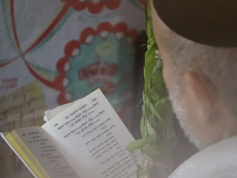 מתפלל מבוגר בכיפה שחורה קורא בסידור ואוחז לולב, במבט מעבר לכתפו; מאחור קישוט בד של סוכה.
