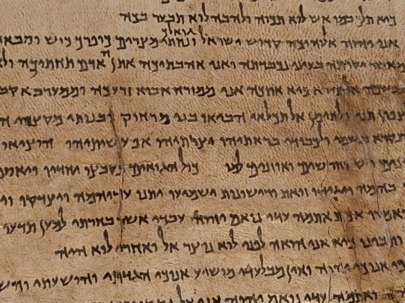 תקריב של קלף עתיק וסדוק ועליו שורות של כתב עברי בדיו כהה.